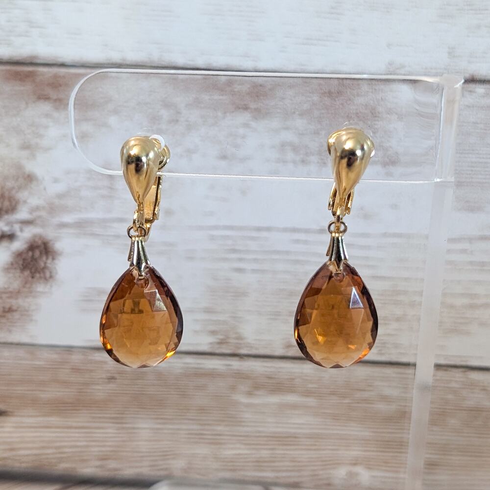 Vintage Sarah Clip On Earrings Orange Gem Dangle